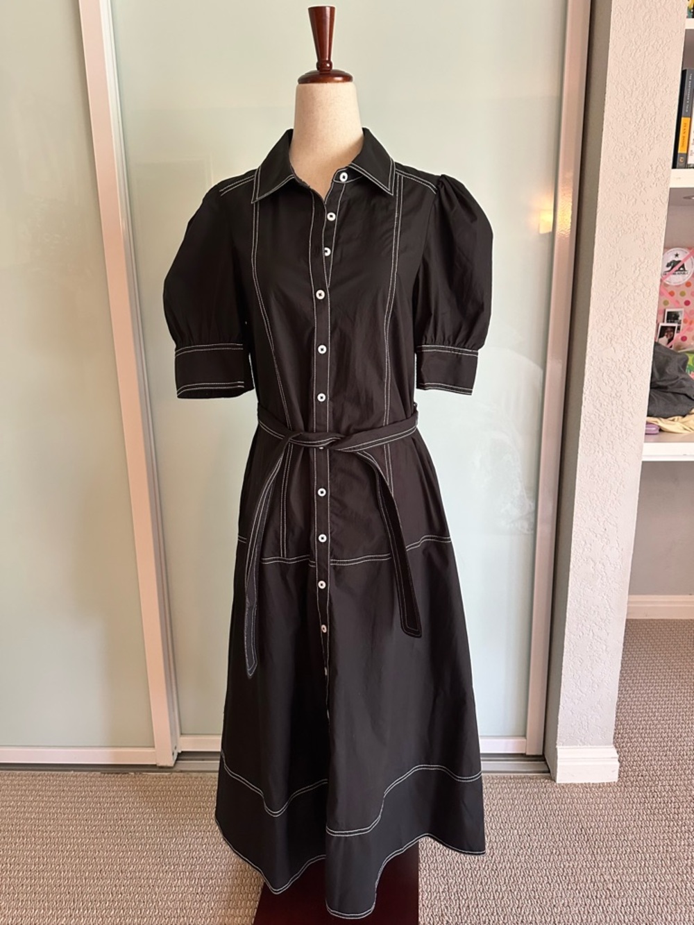 New w tags. Cotton, Black Button-Front Shirt Dress with White Contrast Stitching - Picture 2 of 7
